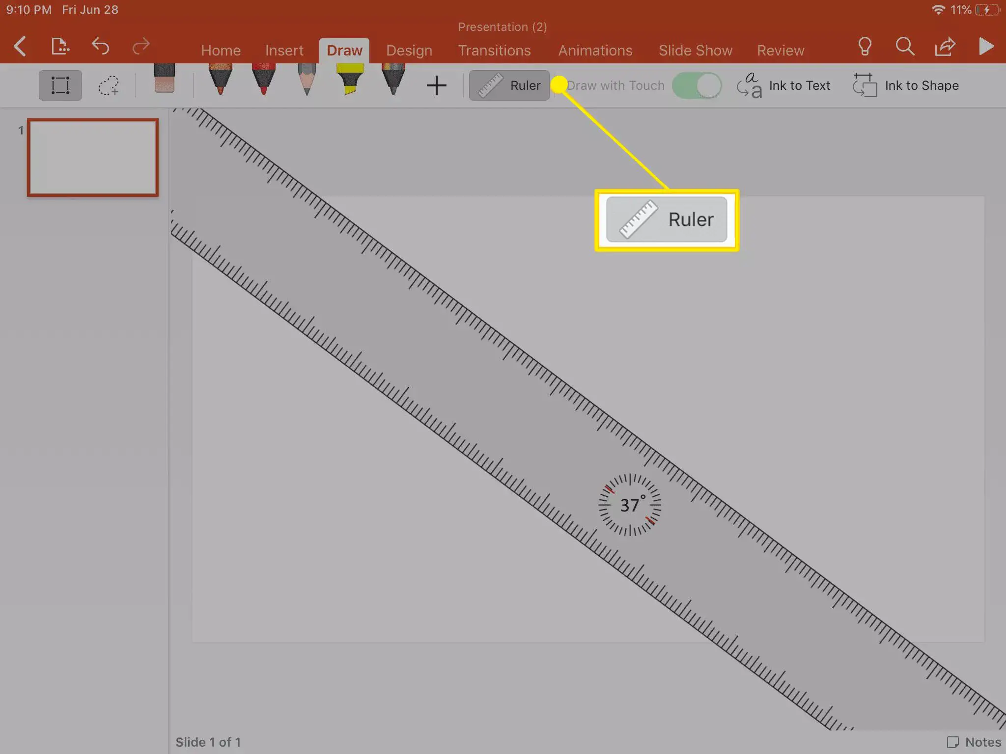 Visualizando a ferramenta Ruler dentro da ferramenta Draw no PowerPoint.