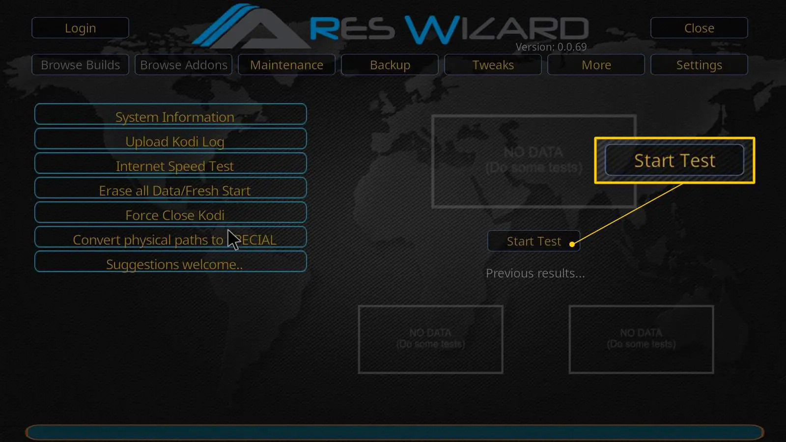 Botão Iniciar teste na página da web do Ares Wizard