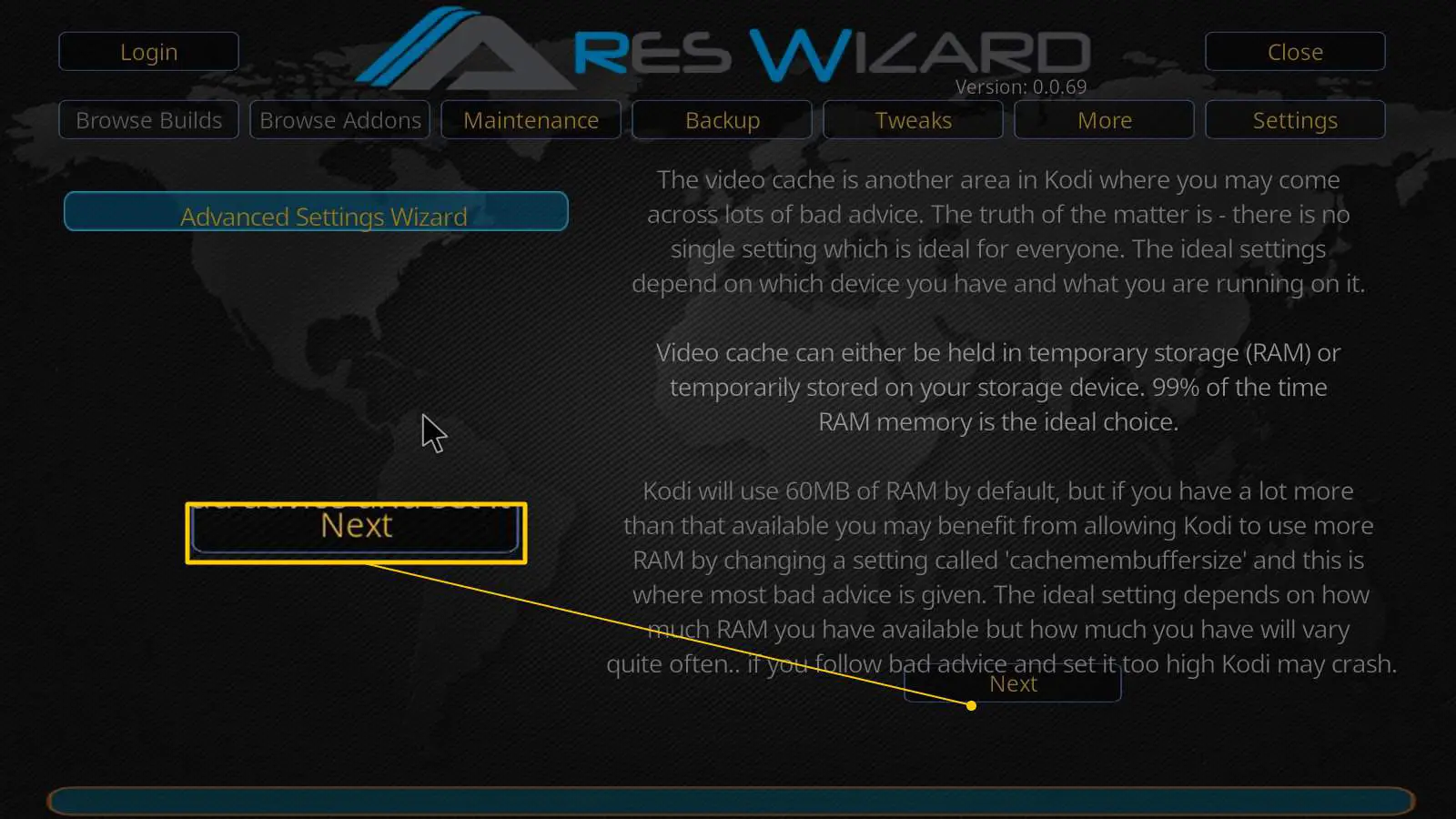 Botão Avançar na página da web do Ares Wizard
