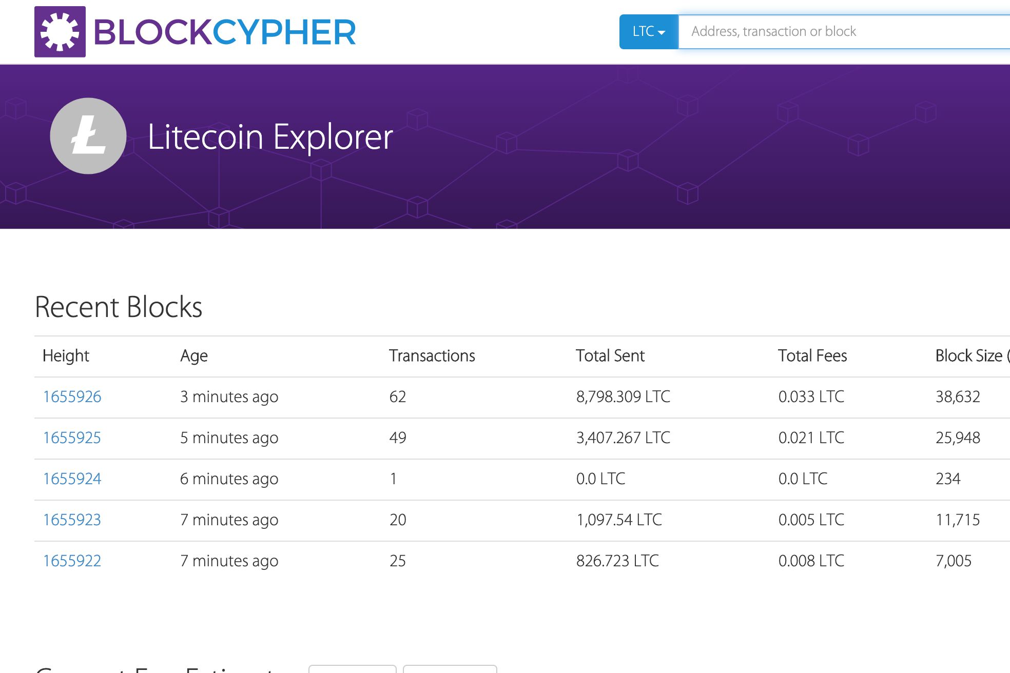 Captura de tela do explorador Blockcypher Litecoin