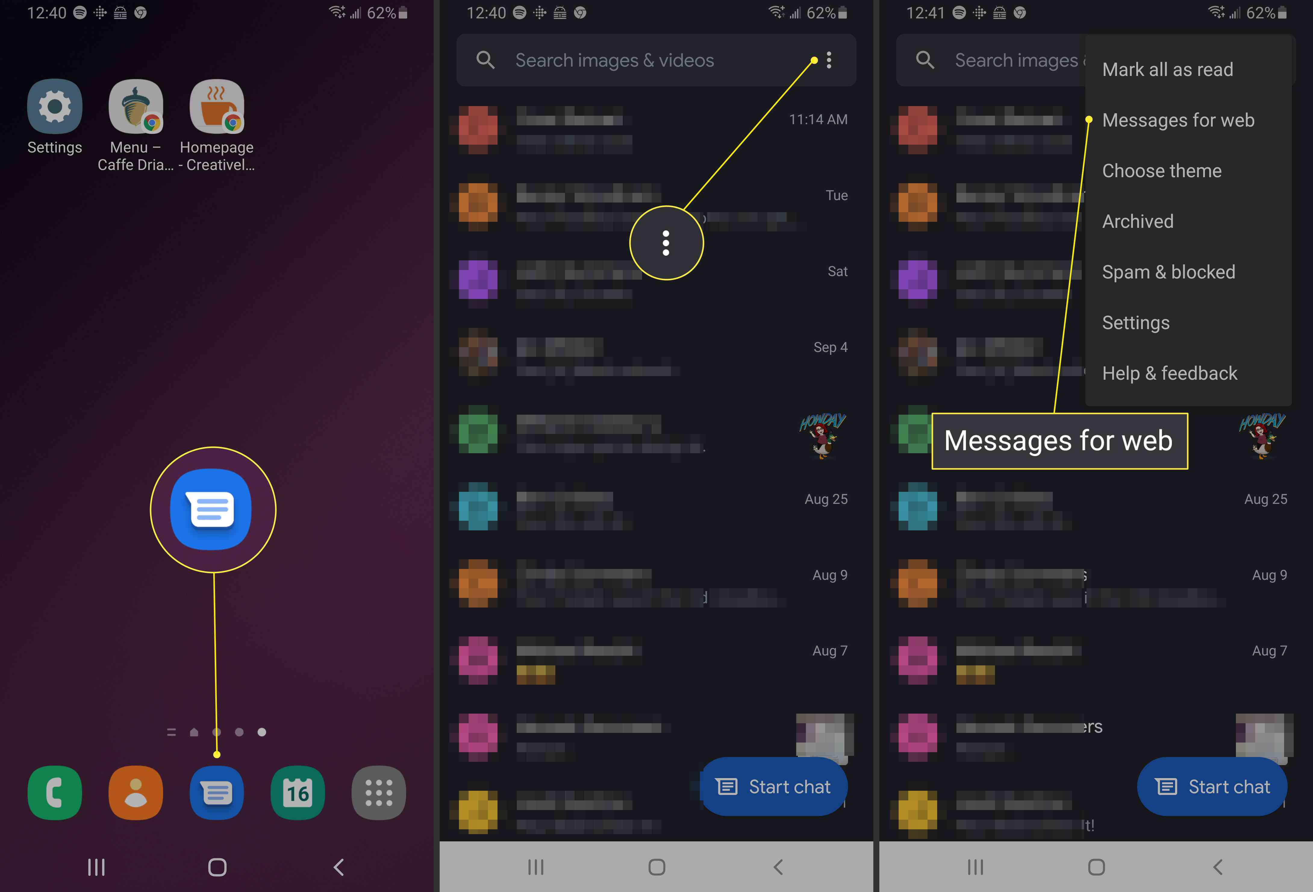 Tela de configuração do smartphone Android Mensagens.