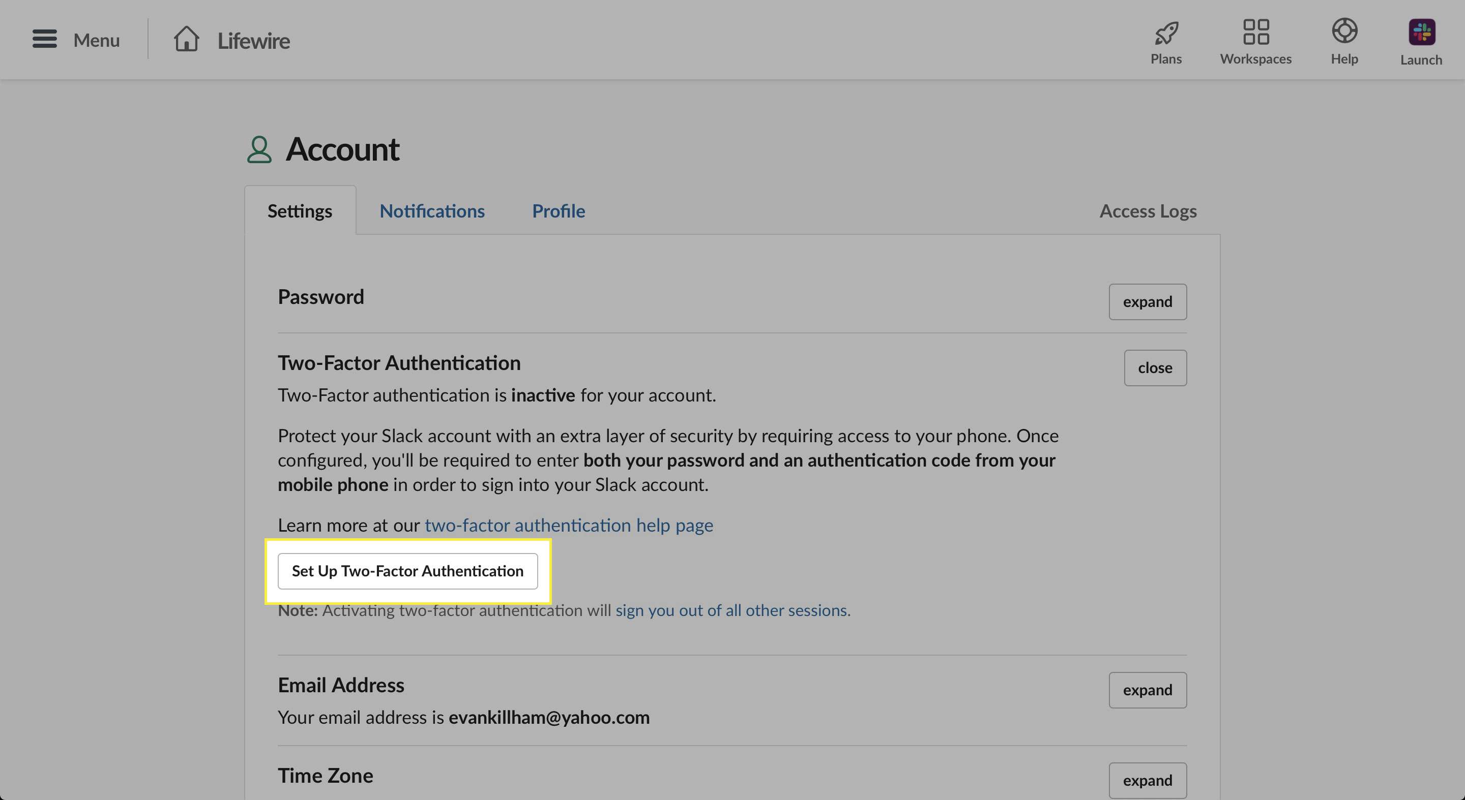 Uma página de conta no Slack com a opção Configurar autenticação de dois fatores destacada
