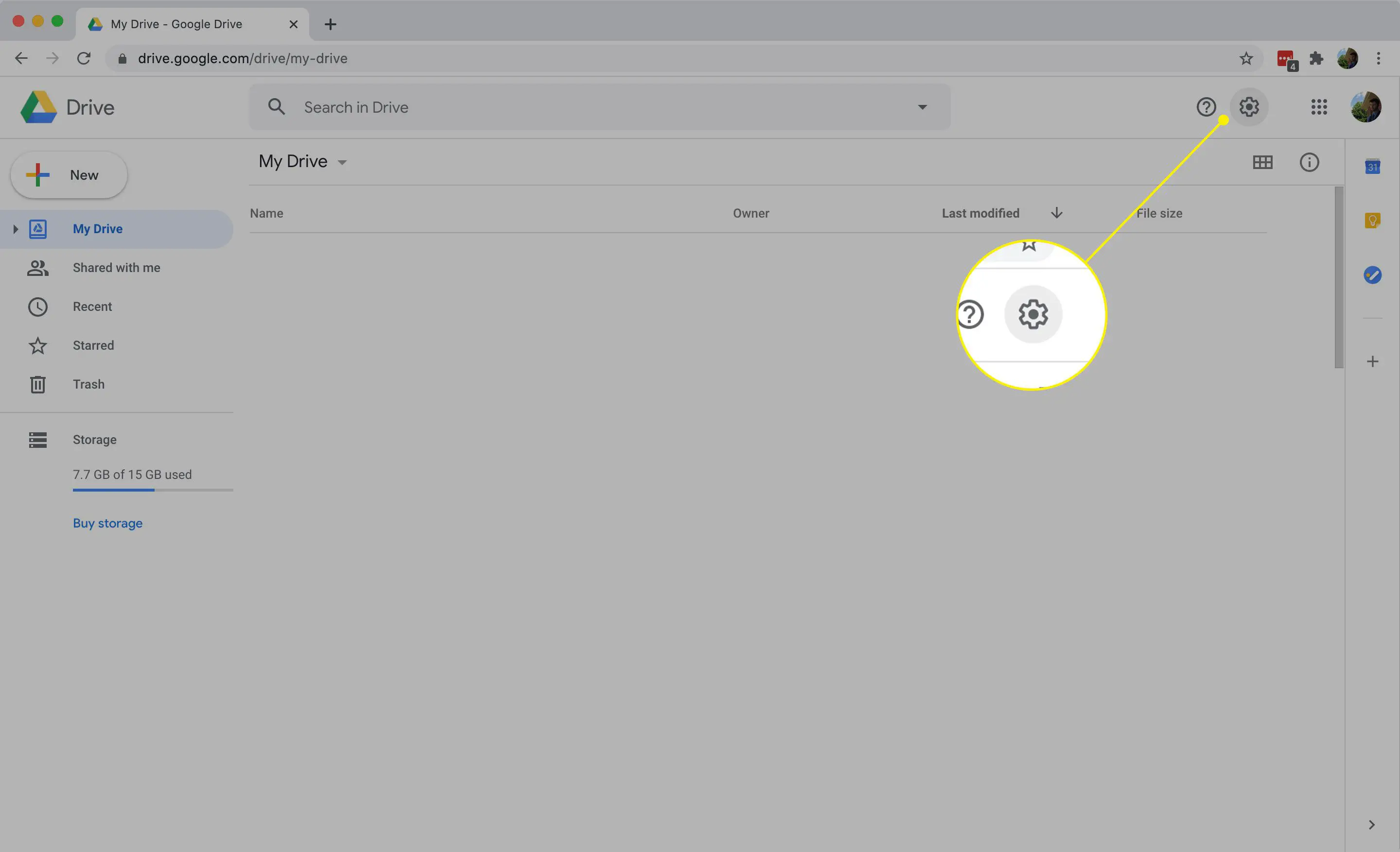 A roda dentada de configurações no Google Drive