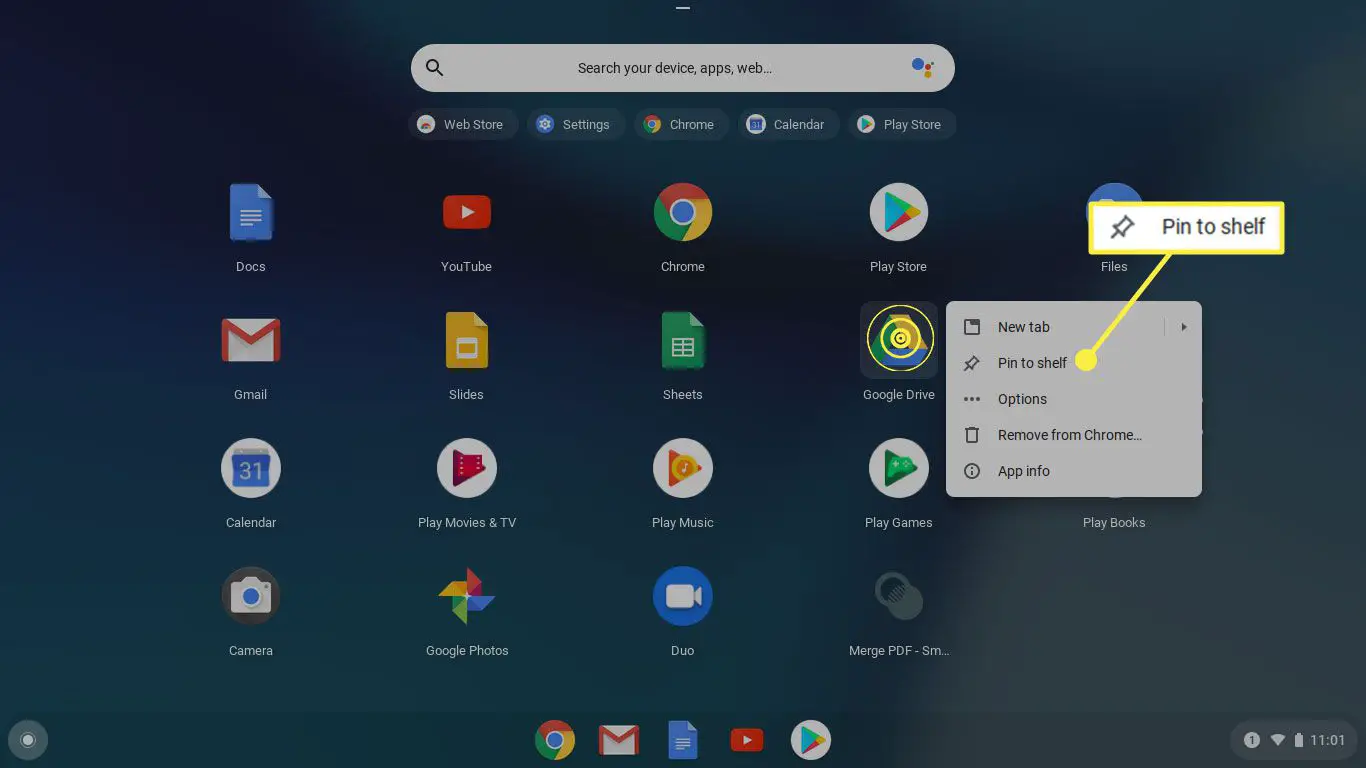 O comando "Fixar na prateleira" no Chrome OS