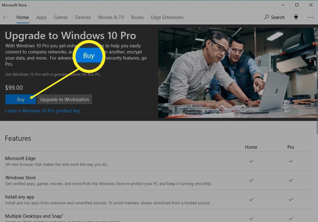 Botão Comprar Windows 10 Pro