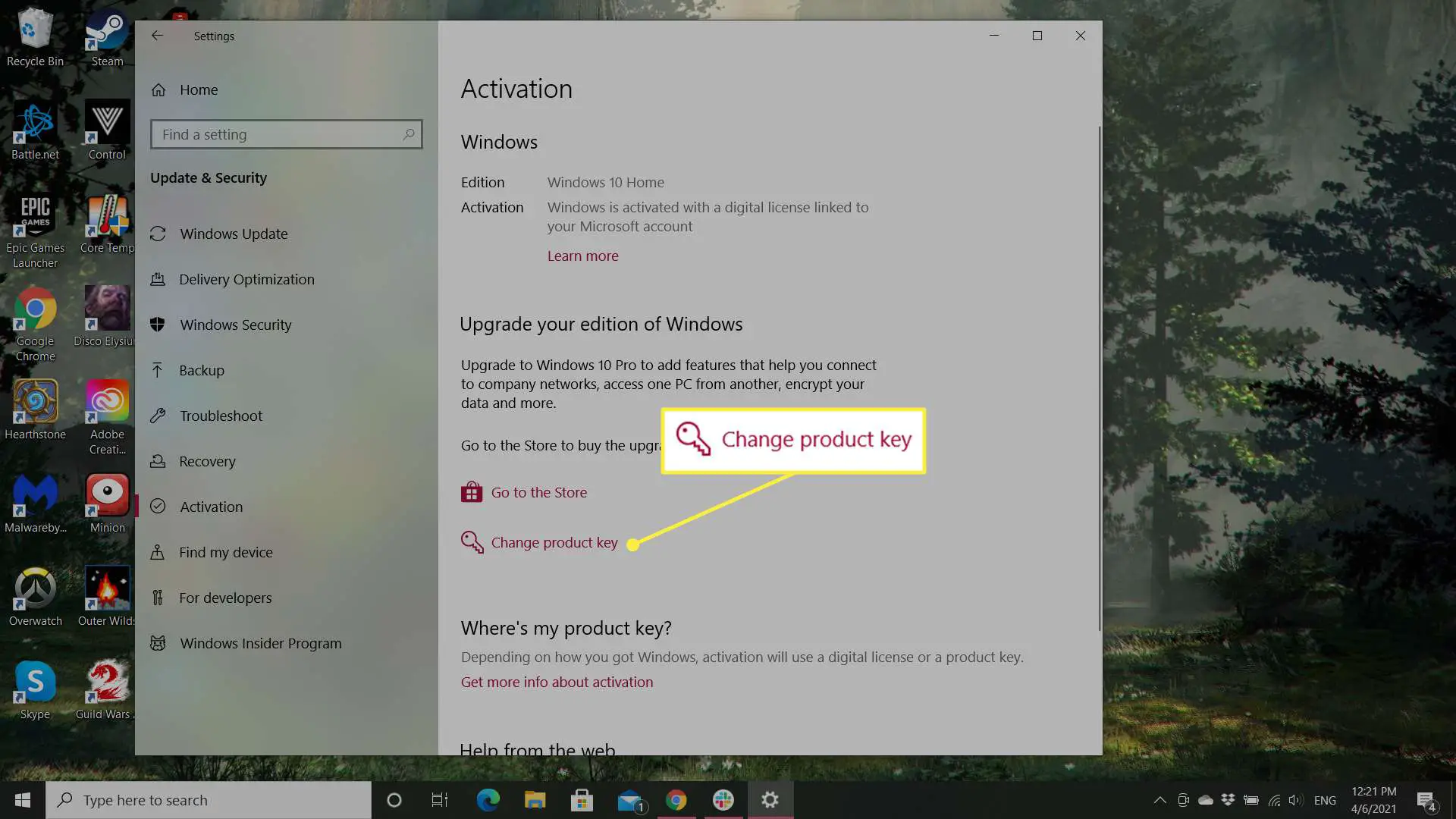 Configurações de ativação do Windows 10 com a opção 'Alterar chave do produto' destacada