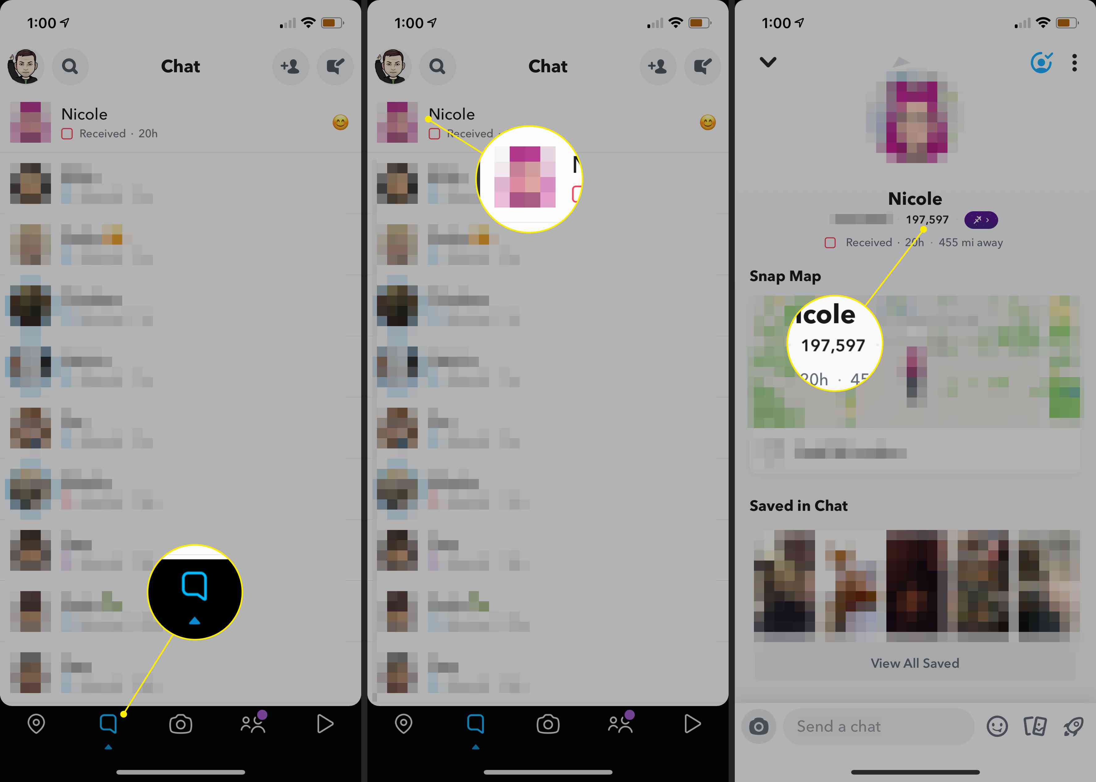 A guia Conversas, uma imagem do usuário e a pontuação do Snapchat no aplicativo Snapchat