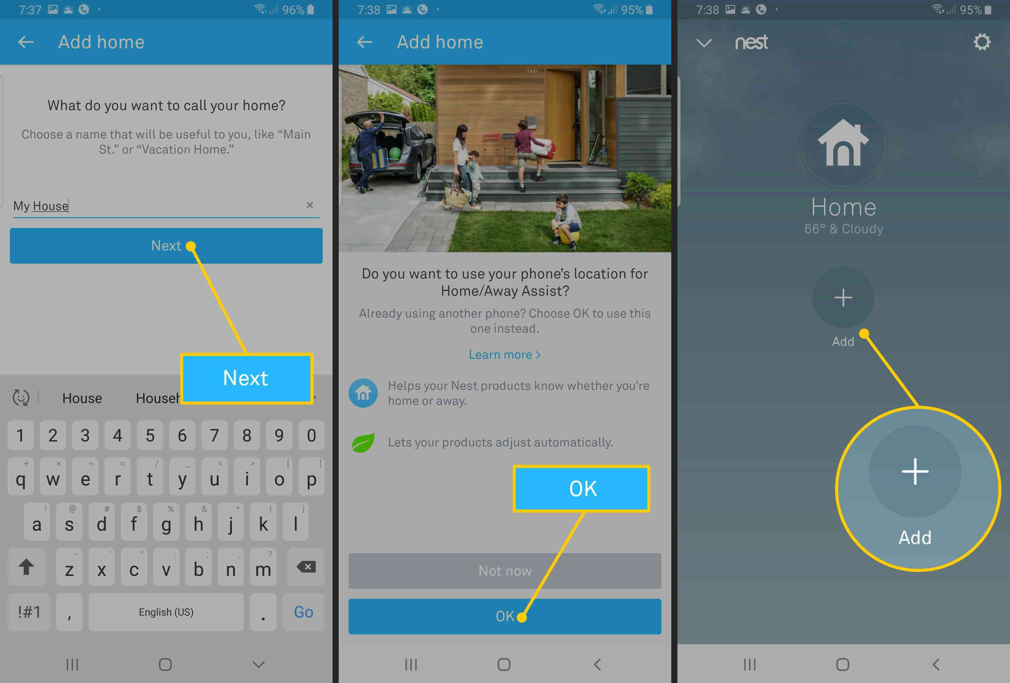 Botões Avançar, OK e Adicionar no app Nest