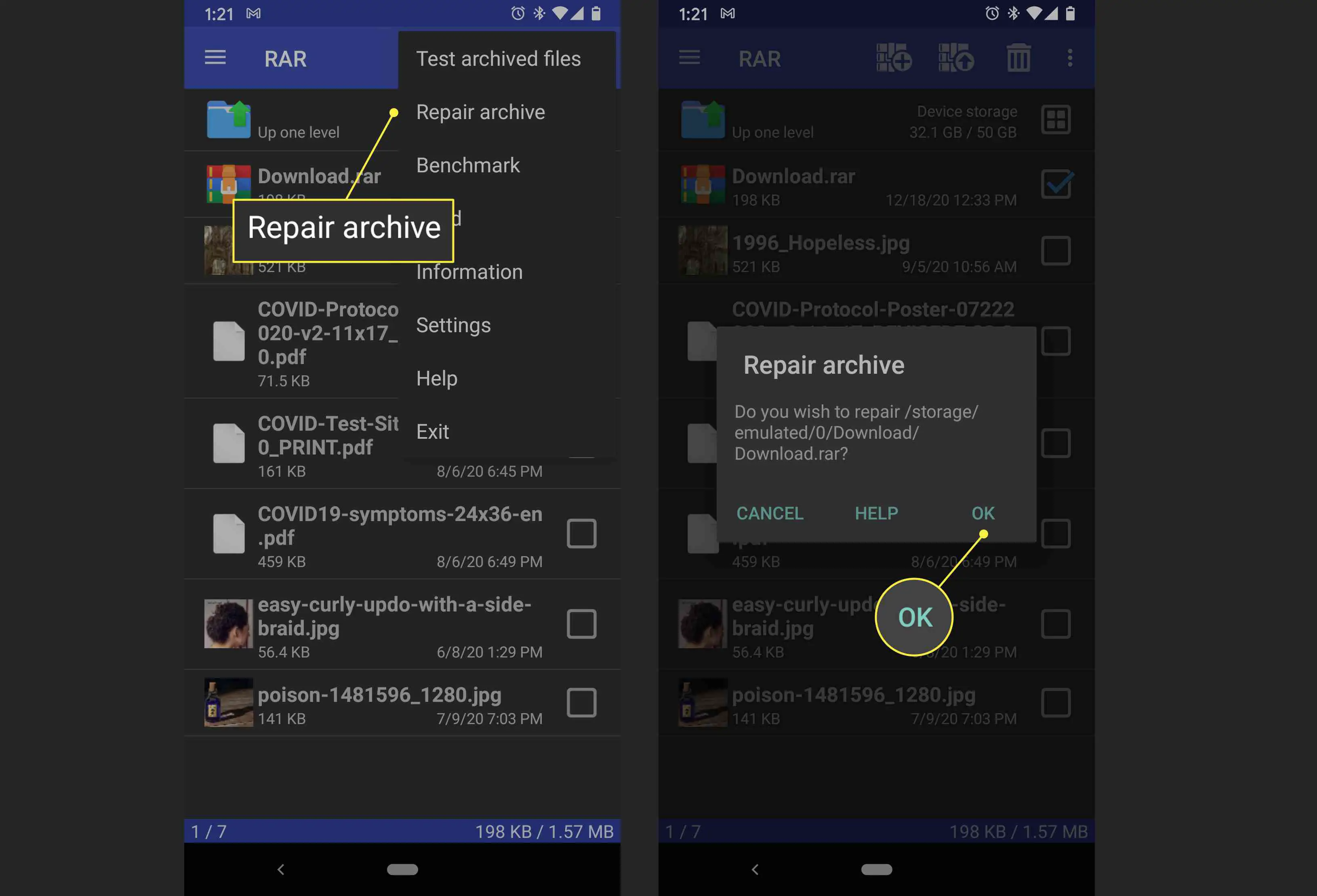 Um usuário do Android repara um arquivo .rar corrompido com o aplicativo RAR