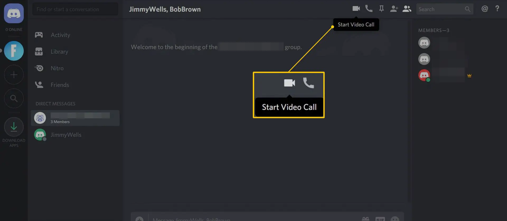 Botões de chamada de voz e vídeo no Discord