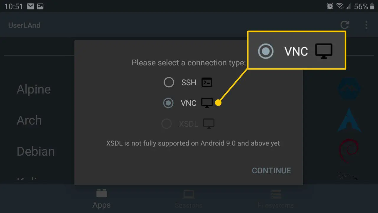 Opção VNC no UserLAnd