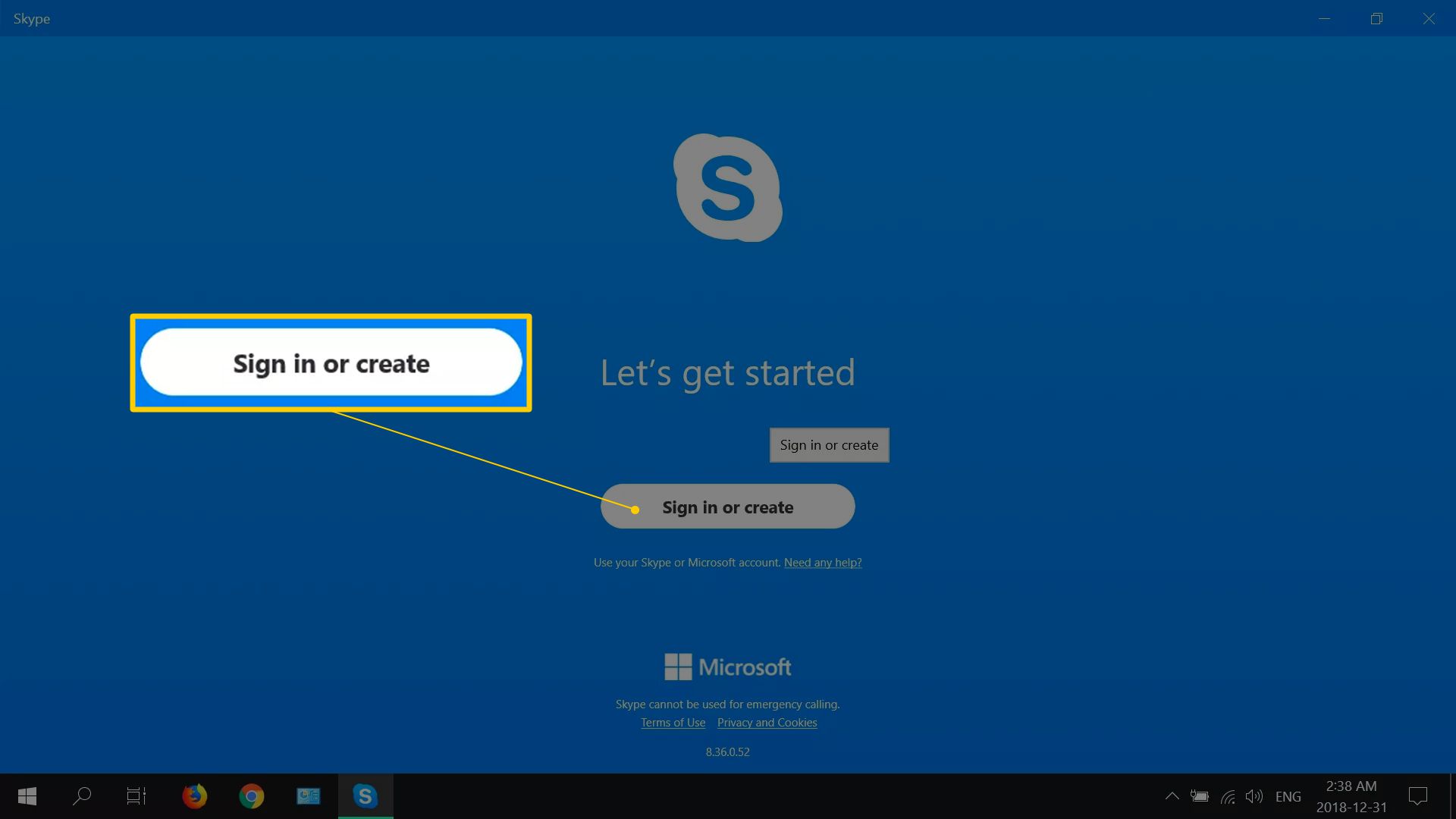 Faça login ou crie um botão na tela de login do Skype