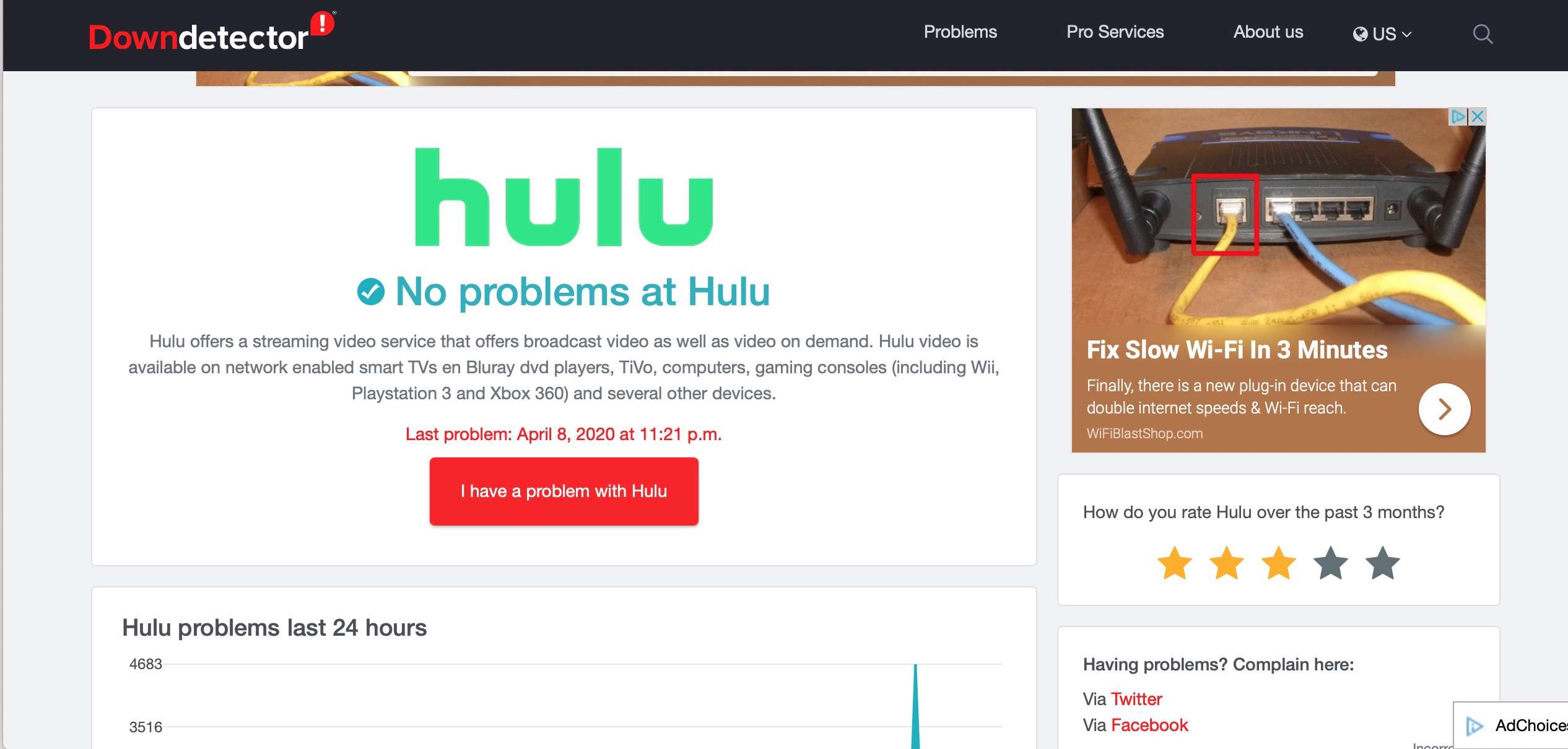 Downdetector monitorando o status do serviço Hulu