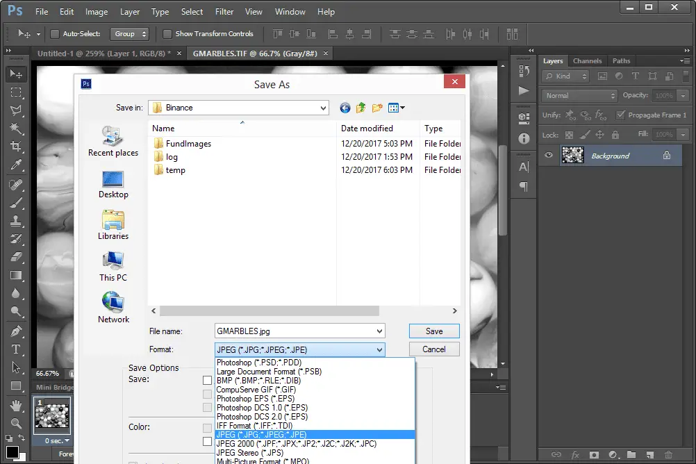 Captura de tela mostrando como converter TIF para JPG usando Photoshop