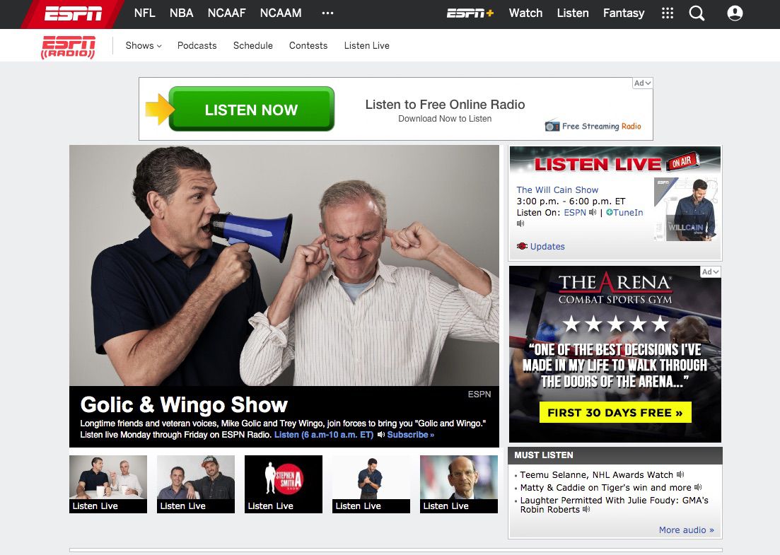 Captura de tela da ESPN Radio, onde você pode ouvir as atualizações do Super Bowl