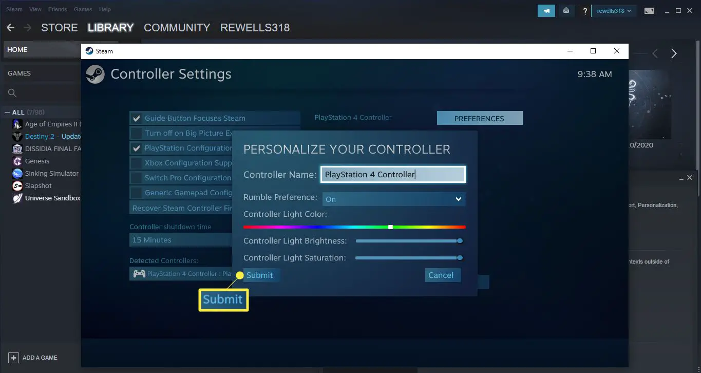 Ajuste as configurações do controlador PS4 e selecione Enviar.