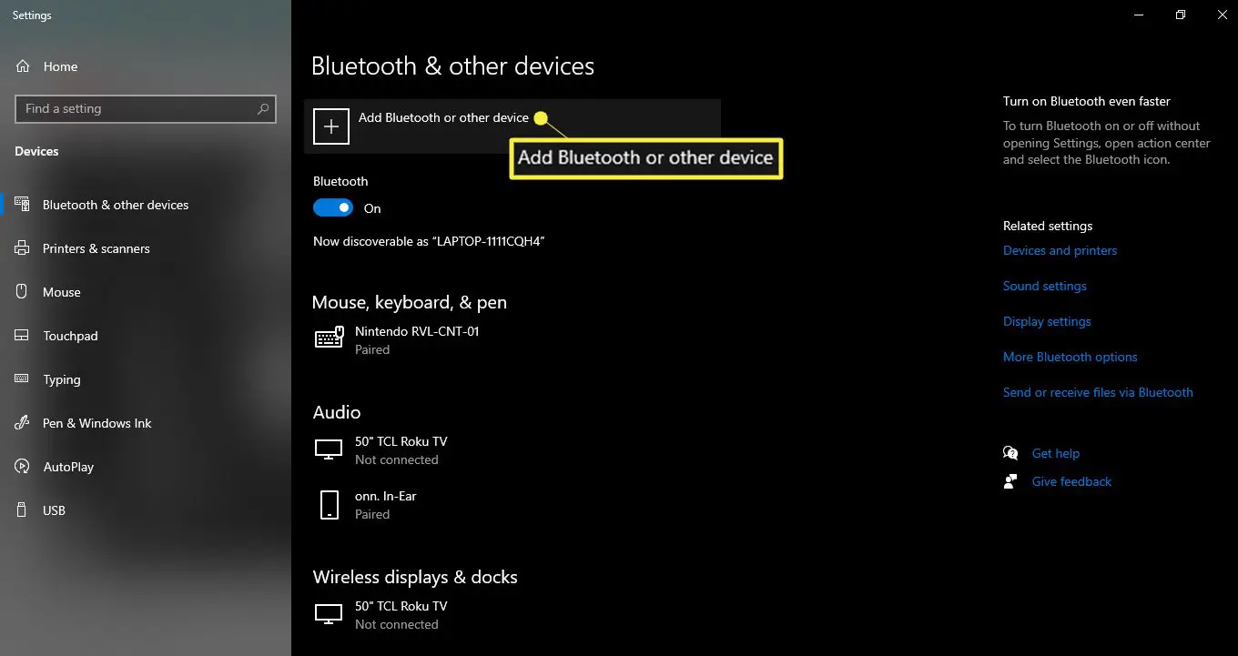 Abra as configurações de Bluetooth do Windows e selecione Adicionar Bluetooth ou outro dispositivo.