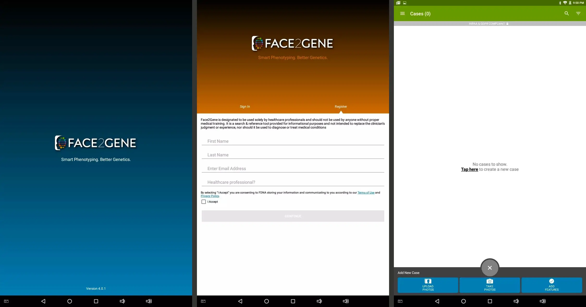 3 telas do aplicativo Face2Gene