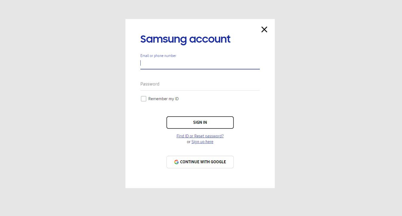 Tela de login do Find My Mobile da Samsung