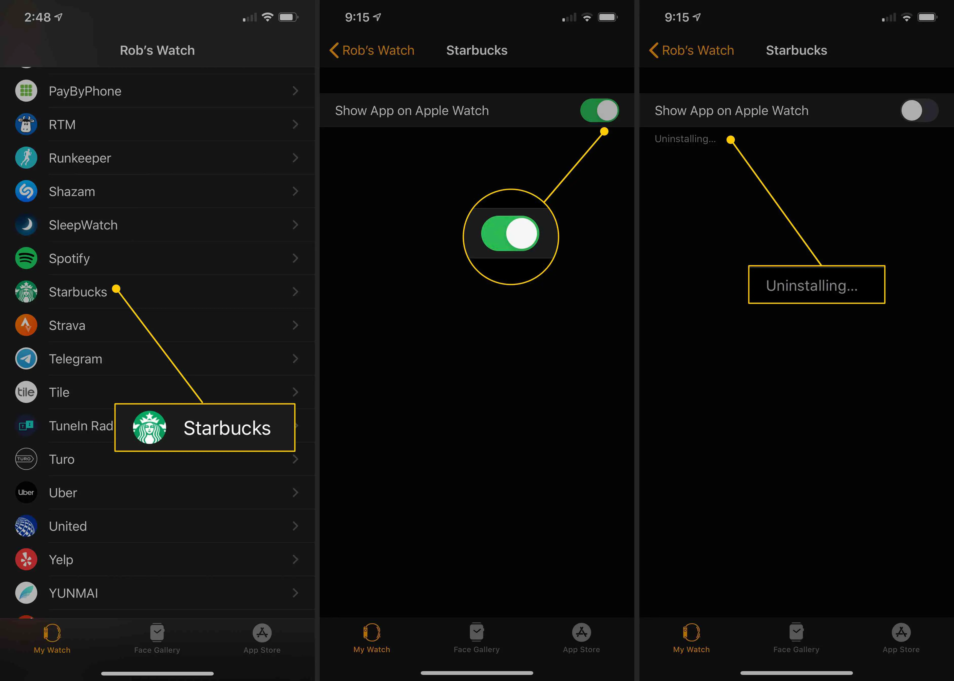 Ícone do aplicativo Starbucks no aplicativo Watch, botão Show App, mensagem de desinstalação