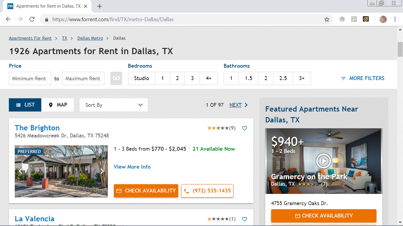 Esta é uma captura de tela do site de busca de apartamentos ForRent.com.