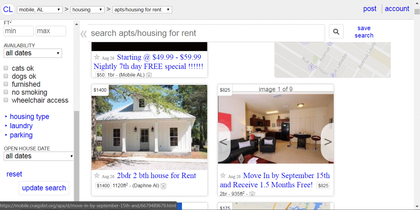 Esta é uma captura de tela do site de busca de apartamentos Craiglist.