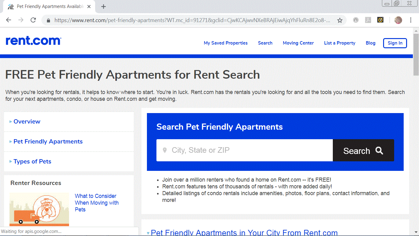 captura de tela do site de busca de apartamentos Rent.com.