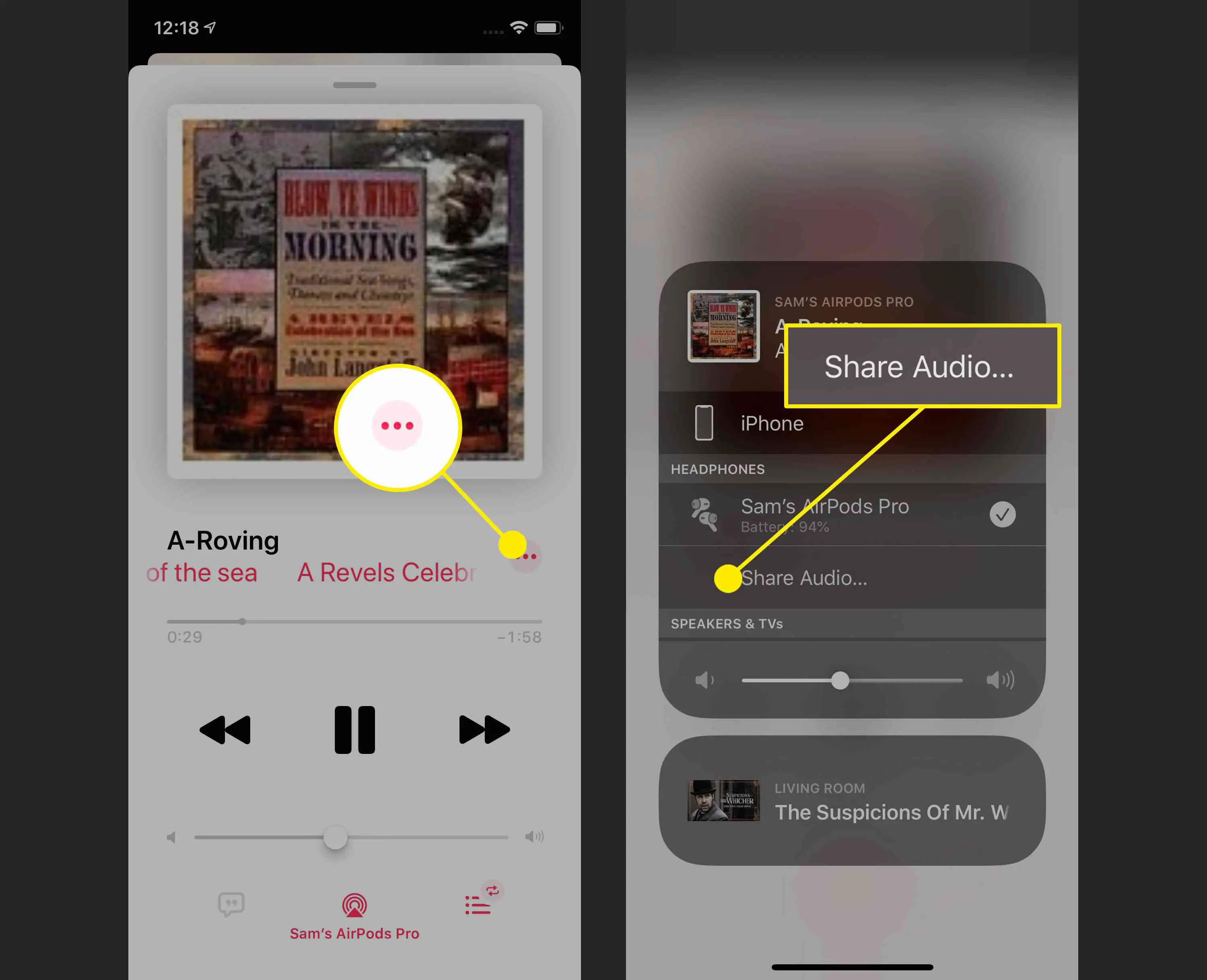 Capturas de tela de compartilhamento de áudio com AirPods que já estão conectados a outro iPhone