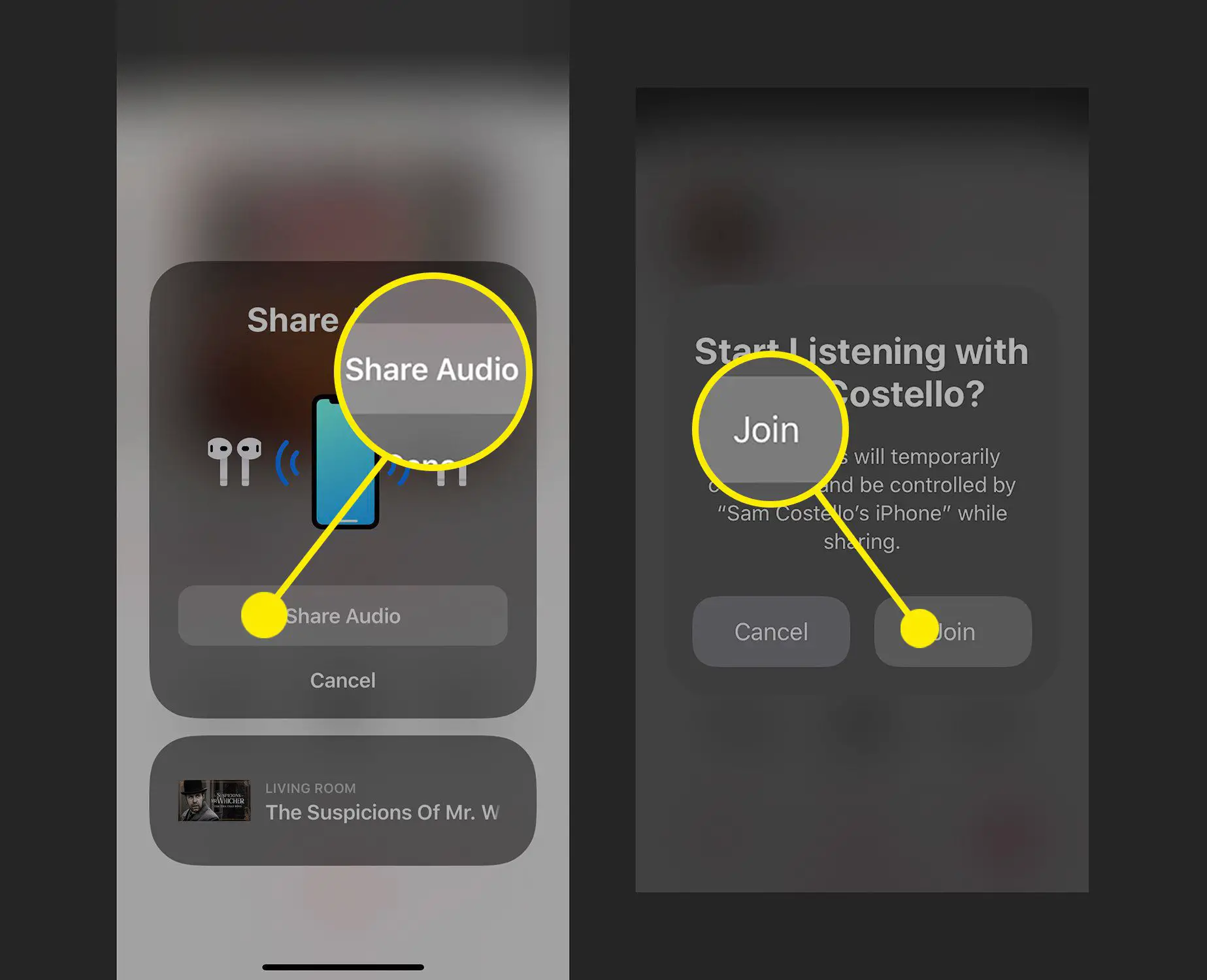 Capturas de tela de compartilhamento de áudio com AirPods que já estão conectados a outro iPhone