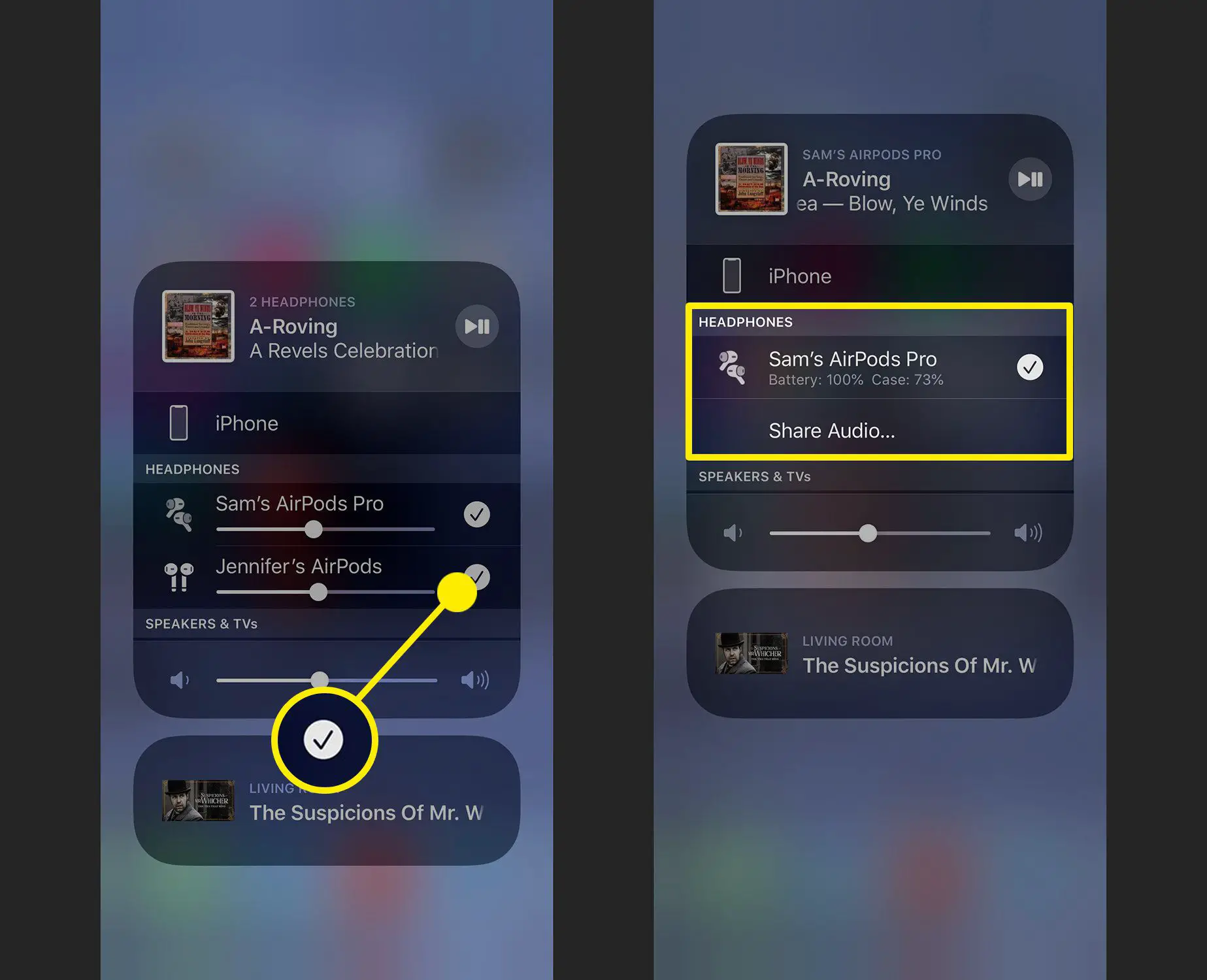 Capturas de tela de como interromper o compartilhamento de áudio do AirPods