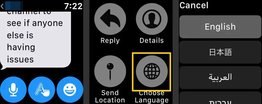 Escolha do idioma em mensagens no Apple Watch