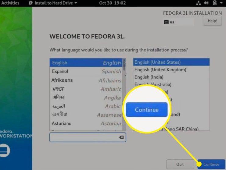 Fedora mostrando os idiomas disponíveis com Continuar destacado