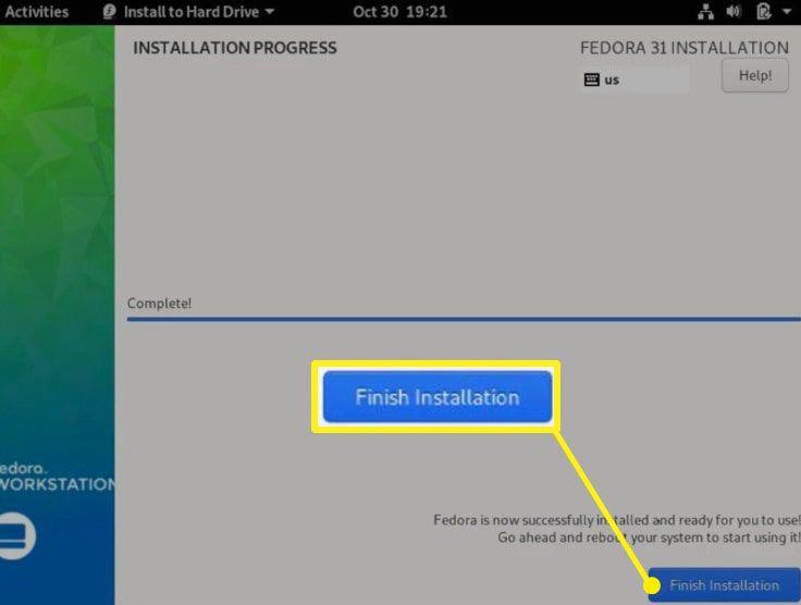 Concluir instalação destacado na tela do Fedora