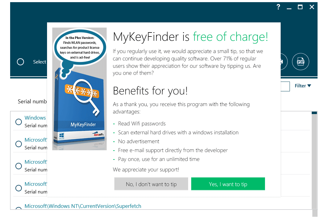 Captura de tela do donationware MyKeyFinder
