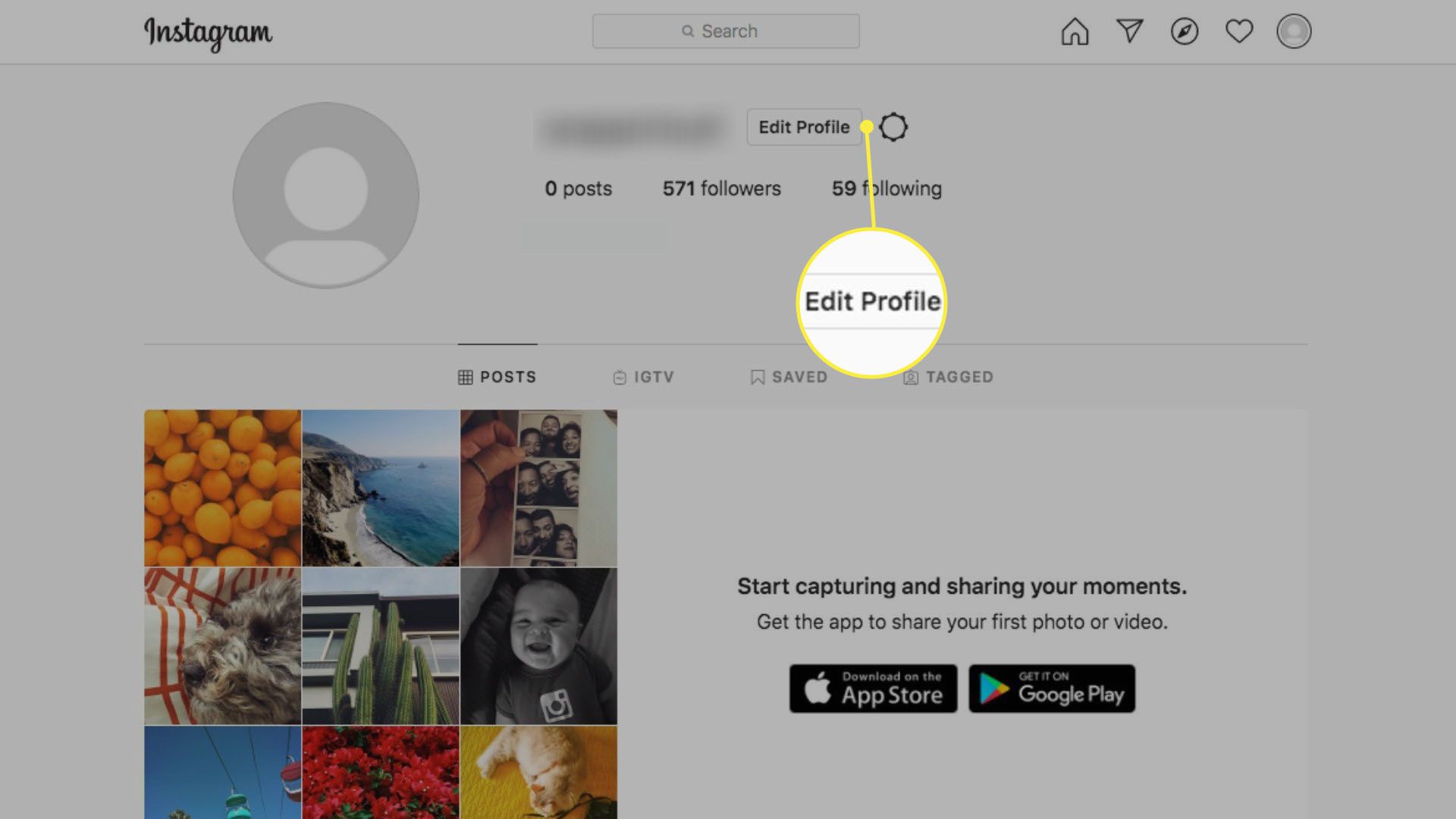 Um perfil do Instagram na web com Editar Perfil destacado.