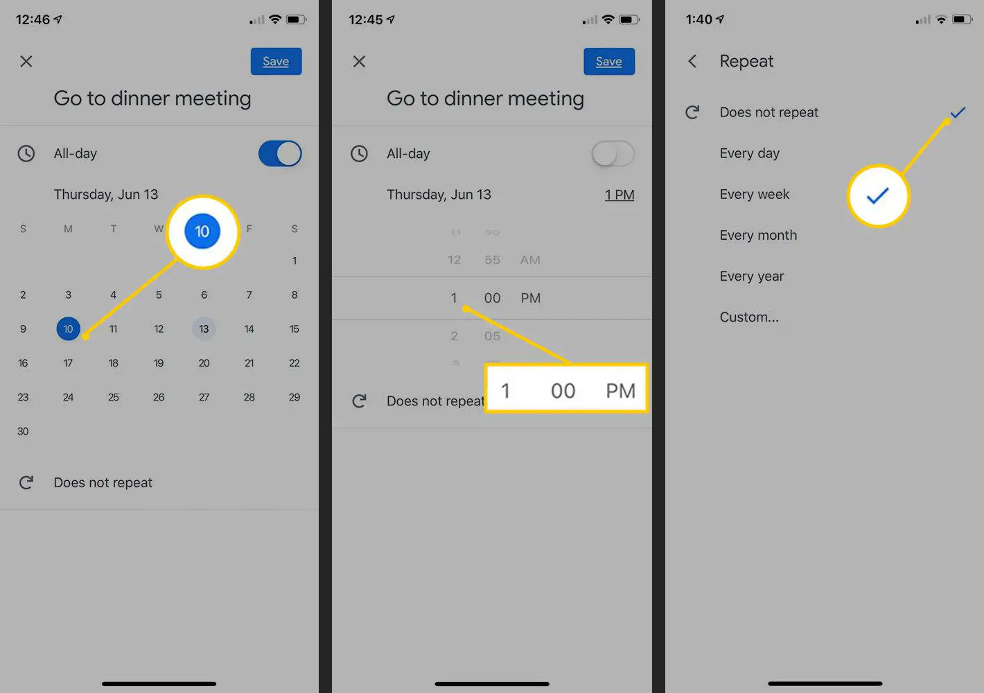 Dia, hora e caixa de seleção do calendário para Repetir no Google Reminders para celular