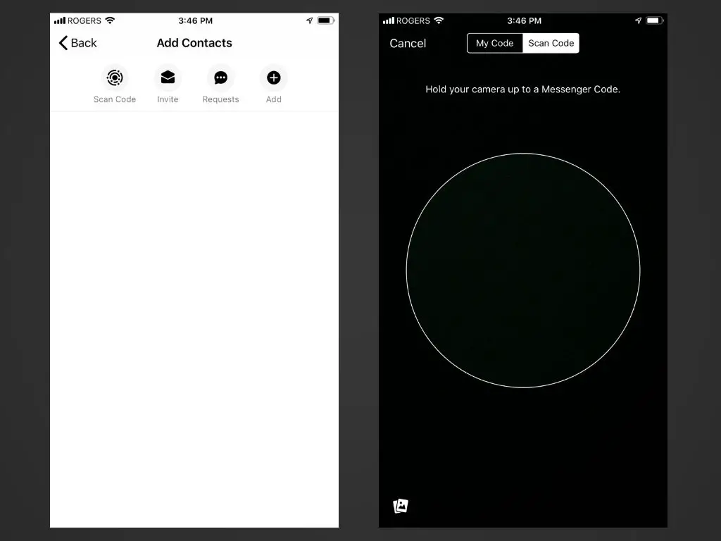 Adicionar tela de contatos e opção de câmera no aplicativo Messenger para iOS