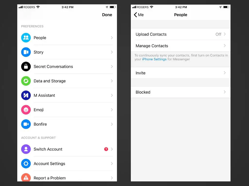 Tela de preferências e configurações de pessoas no aplicativo Messenger para iOS