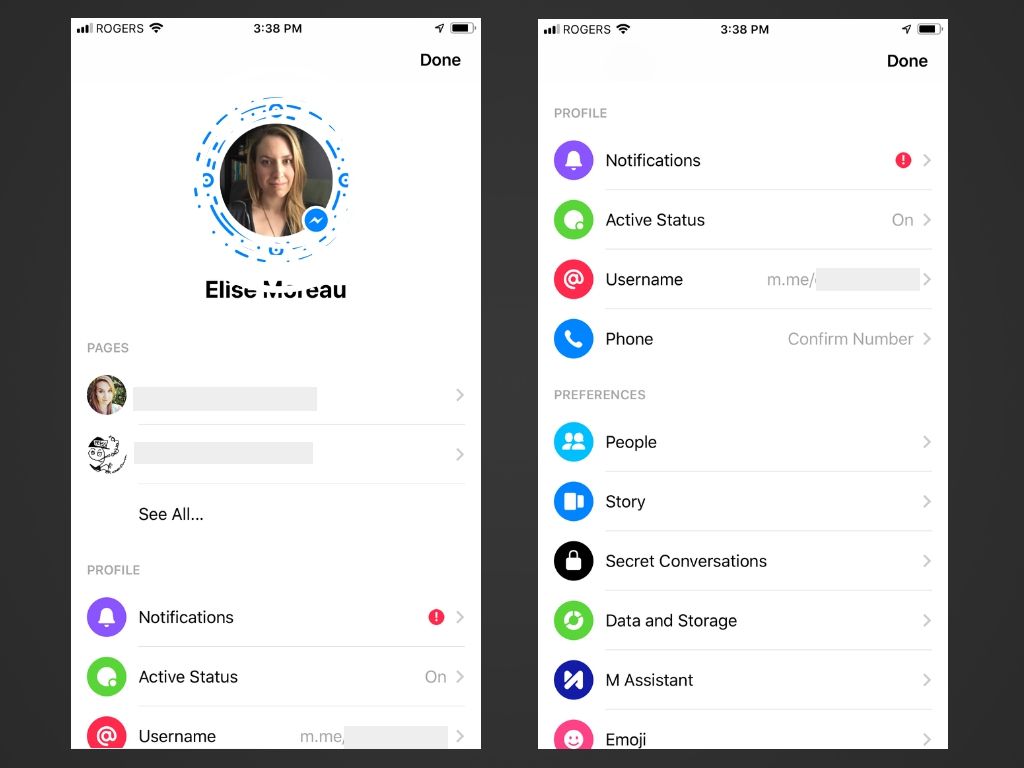 Uma tela de perfil e opções no aplicativo Messenger para iOS