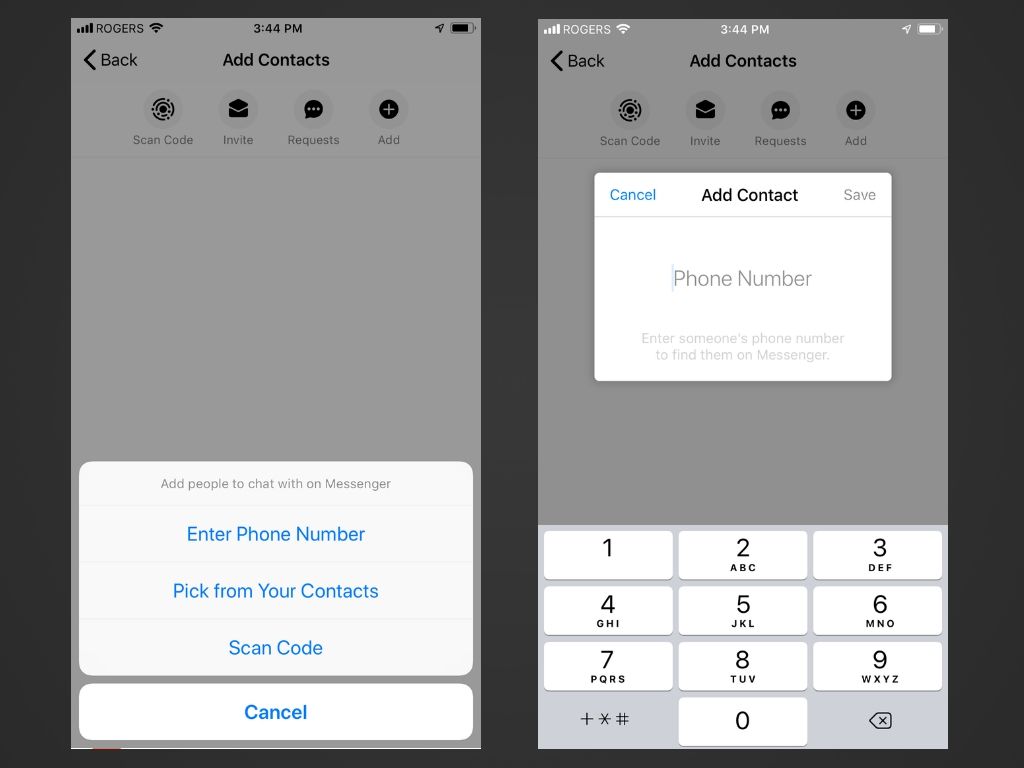 Adicionar opções de contatos e entrada de número de telefone no aplicativo Messenger para iOS