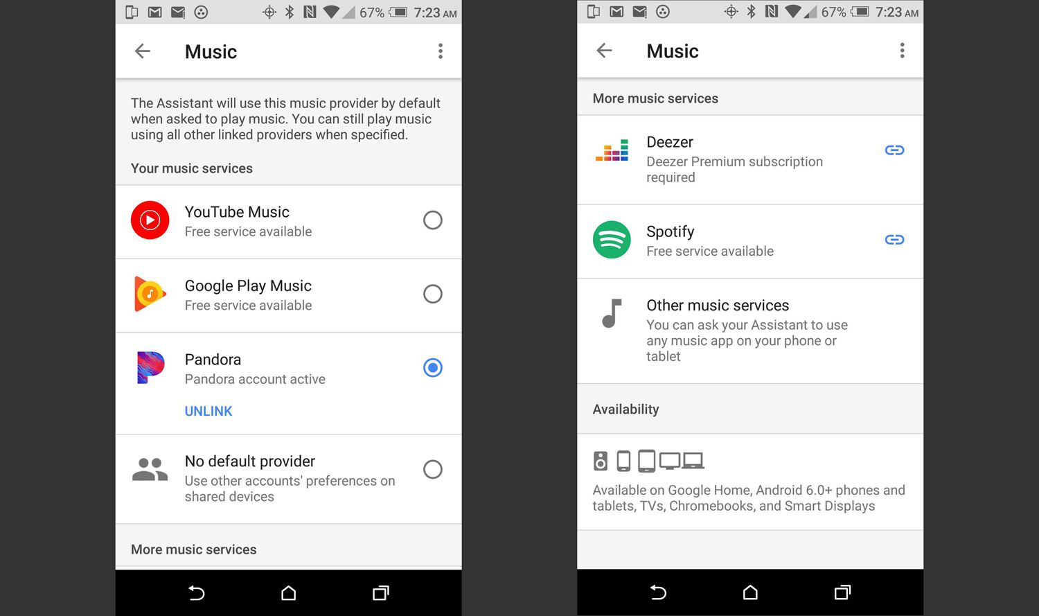 App Google Home - Serviços de música disponíveis