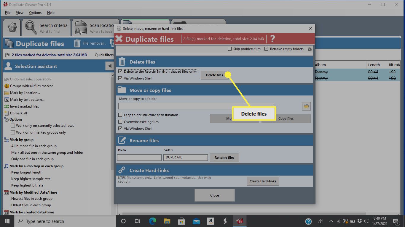 O botão "Excluir arquivos" no Duplicate Cleaner 4