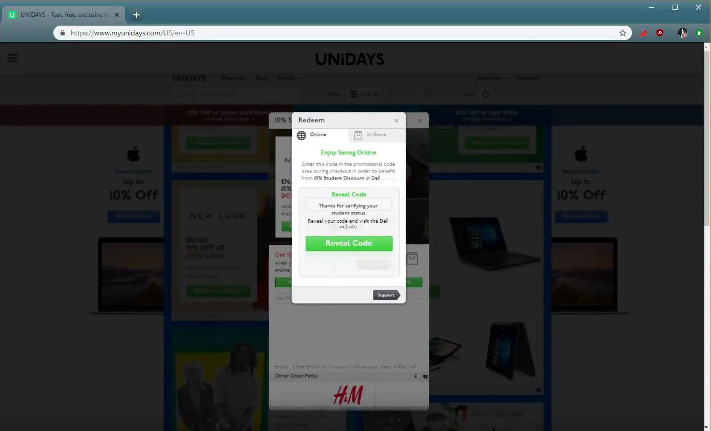 Uma captura de tela do desconto Unidays Dell.