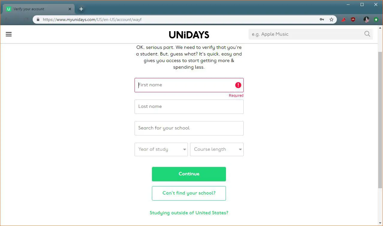 Uma captura de tela do processo de inscrição no Unidays.