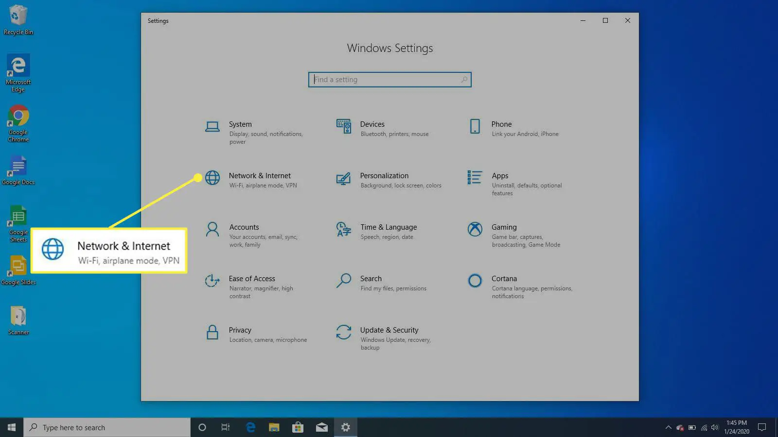 Configurações do Windows no Windows 10.