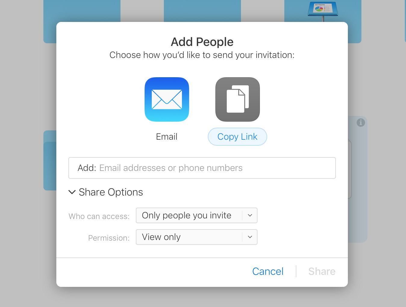 Captura de tela das opções de compartilhamento para vídeos iCloud
