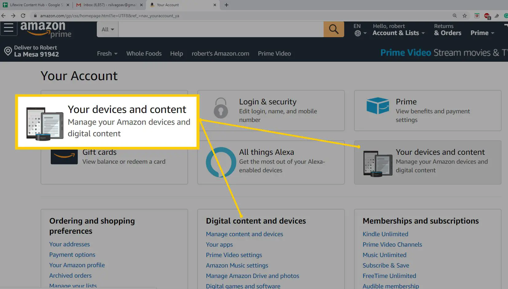 Página inicial da conta do navegador da Web da Amazon - Selecionar conteúdo e dispositivos