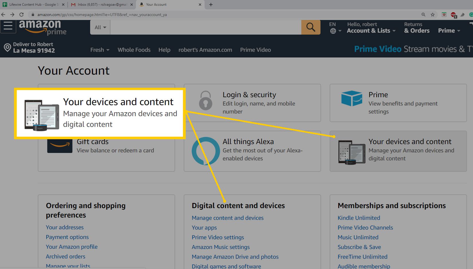 Página inicial da conta do navegador da Web da Amazon - Selecionar conteúdo e dispositivos