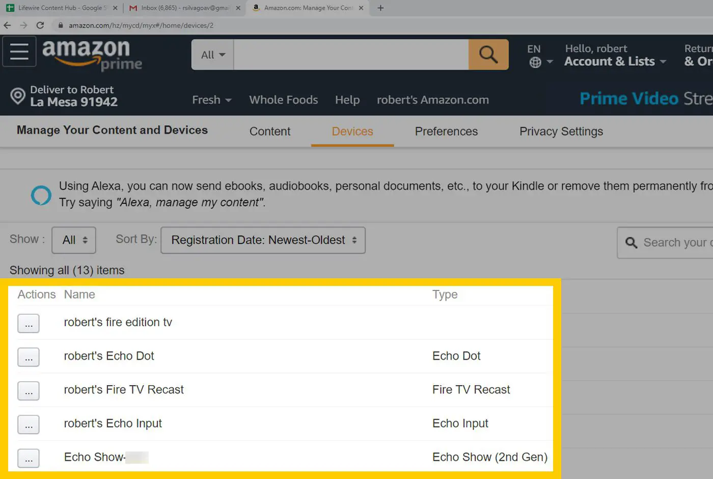 Dispositivo e conteúdo do navegador da Web da Amazon - Lista de dispositivos