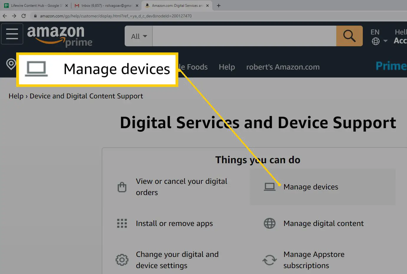 Dispositivo e conteúdo do navegador da Web da Amazon - Gerenciar dispositivos